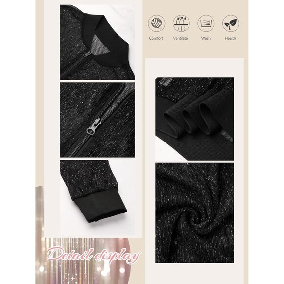 Womens black Sheer Mesh Sparkly Crop Bomber Jacket Glitter Rave Outfit - Picture 4 of 5